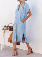 Light Sky Blue Boho Shirt Dress for Women - Short Sleeves Button Down Loose Midi Dress - Summer Casual Everyday 2026