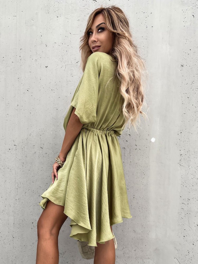 Satin Mini Dress for Women - Boho Wrap V Neck Short Sleeve Skater Dress - Summer Beach Party 2026