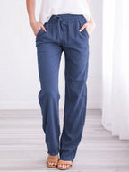 Linen Pants Elasric Waist Lace Up Pockets Loose Summer Casual Trousers