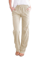 Linen Pants Elasric Waist Lace Up Pockets Loose Summer Casual Trousers