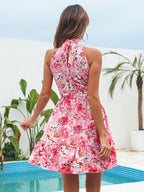 Mini Dresses Pink Floral Print Sleeveless Short Dress