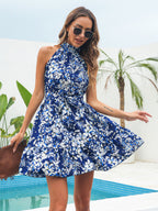 Mini Dresses Pink Floral Print Sleeveless Short Dress