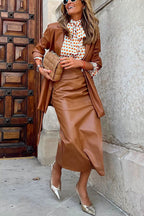 Casual Ruched Side Split Leather Skirt