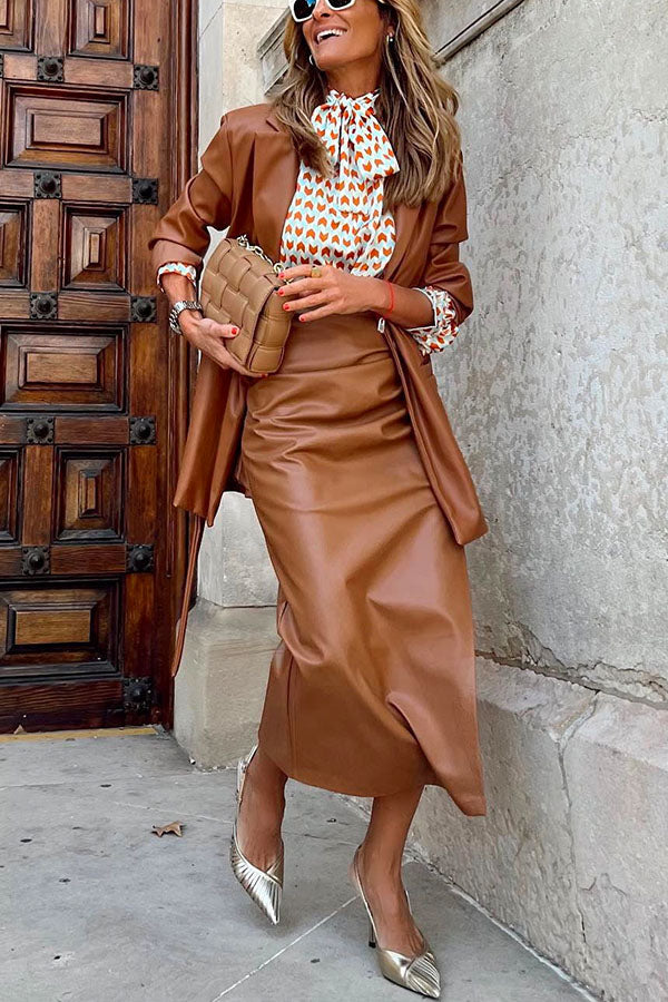 Casual Ruched Side Split Leather Skirt