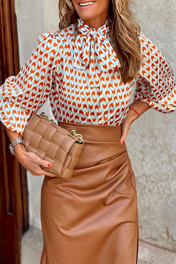 Bow Knot Long Sleeve Printed Blouse Shirt