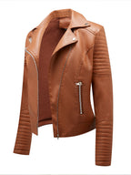 Faux Leather Moto Jacket Turndown Collar Yellow PU Relaxed Fit Spring Fall Biker Outerwear For Women