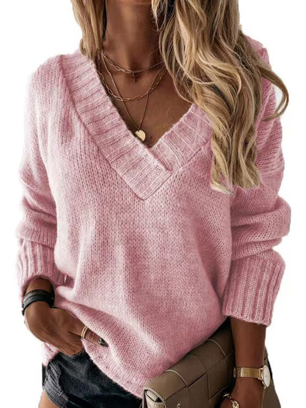 Women Pullover Sweater Apricot V-Neck Long Sleeves Acrylic Sweaters