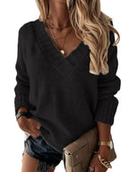 Women Pullover Sweater Apricot V-Neck Long Sleeves Acrylic Sweaters