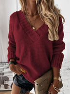 Women Pullover Sweater Apricot V-Neck Long Sleeves Acrylic Sweaters