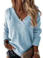 Women Pullover Sweater Apricot V-Neck Long Sleeves Acrylic Sweaters