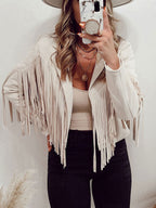 Suede Jacket Black Turndown Collar Fringe Lapel High Waist Solid Color Oversized Relaxed Fit Spring Fall Street Outerwear For Women