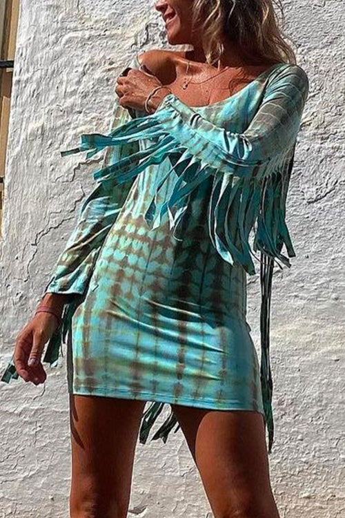 Tassel Long Sleeve Tie Dye Bodycon Dress