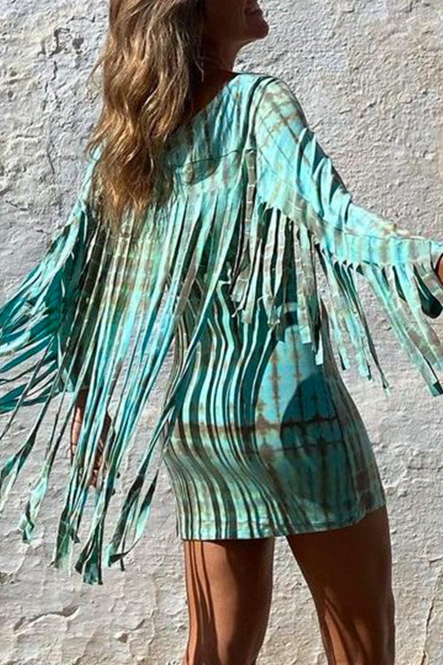 Tassel Long Sleeve Tie Dye Bodycon Dress