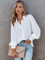 Blouse For Women White V-Neck Casual Long Sleeves Tops
