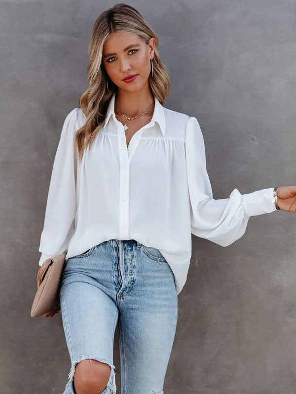 Blouse For Women White V-Neck Casual Long Sleeves Tops