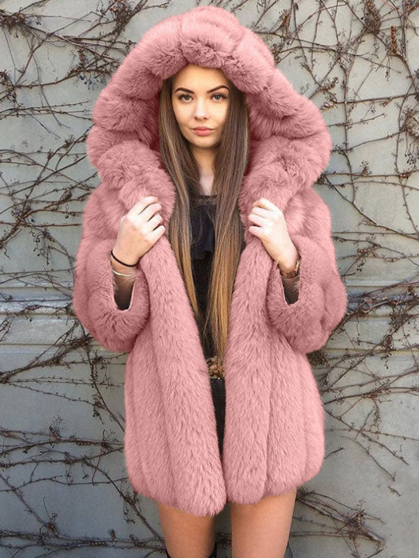 Plush Faux Fur Coat With Hood Winter Eco-friendly Fur Midi Jacket For Women 2026