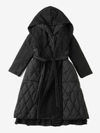 Black Down Coat Hooded Belted Long Winter Outerwear For Women