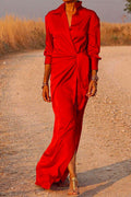 V Neck Long Sleeve Tie Waist Satin Dress
