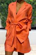V Neck Long Sleeve Wrapped Top and Wide Leg Shorts Solid Set