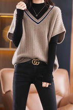 V Neck Short Sleeve Color Block Sweater