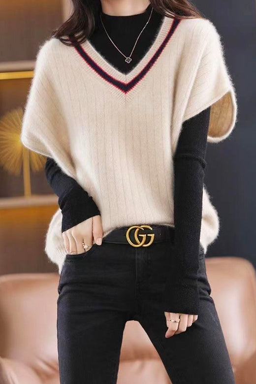 V Neck Short Sleeve Color Block Sweater