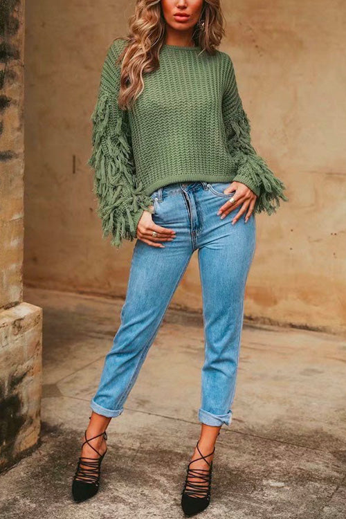 Stylish Tassel Long Sleeve Knit Pullover Sweater
