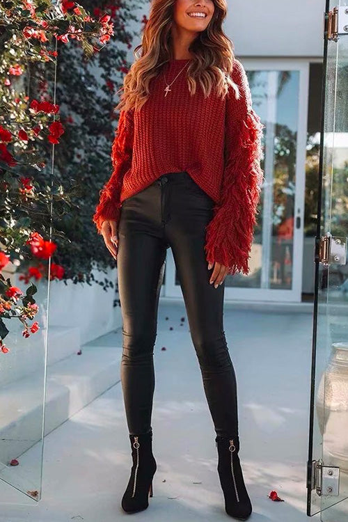 Stylish Tassel Long Sleeve Knit Pullover Sweater