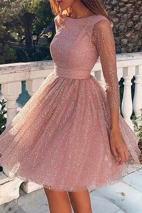 Stylish Crewneck Long Sleeve Mesh Splice Swing Dress