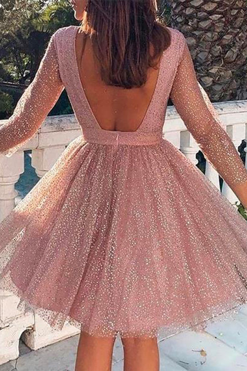 Stylish Crewneck Long Sleeve Mesh Splice Swing Dress