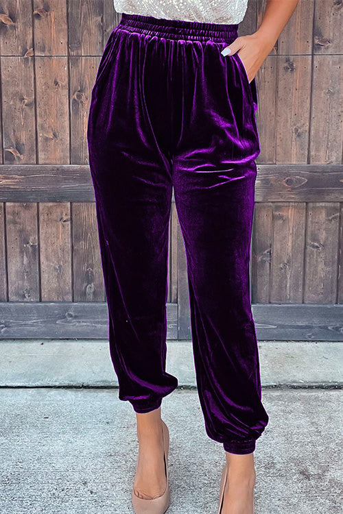 Elastic Waist Velvet Joggers Pants with Pockets