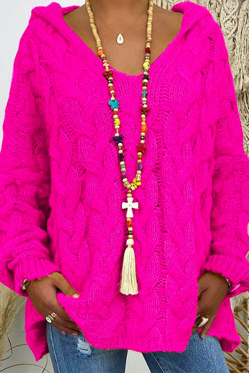 V Neck Long Sleeve Knit Hoodied Sweater