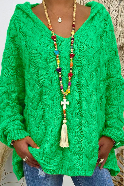 V Neck Long Sleeve Knit Hoodied Sweater