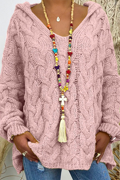 V Neck Long Sleeve Knit Hoodied Sweater