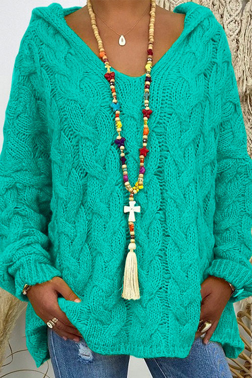 V Neck Long Sleeve Knit Hoodied Sweater