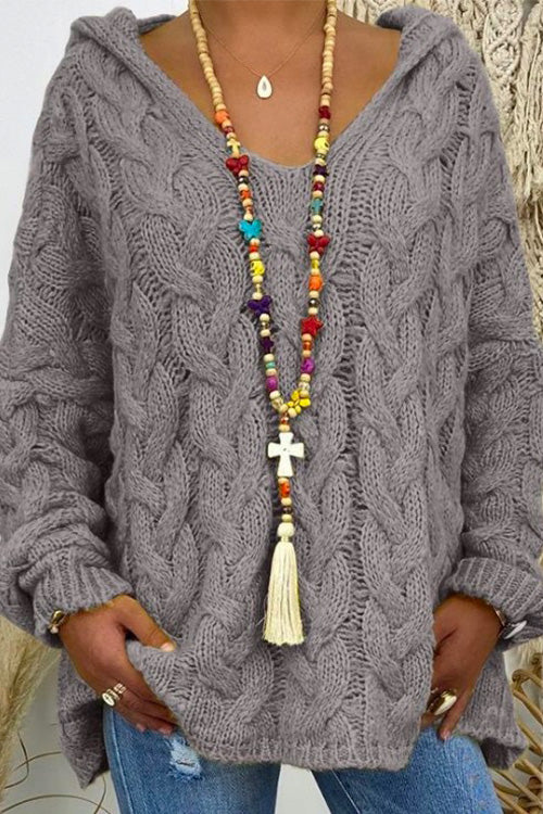 V Neck Long Sleeve Knit Hoodied Sweater
