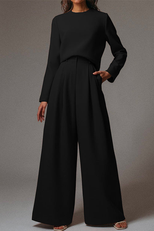 Crewneck Long Sleeve Pullover and Wide Leg Pants Solid Set