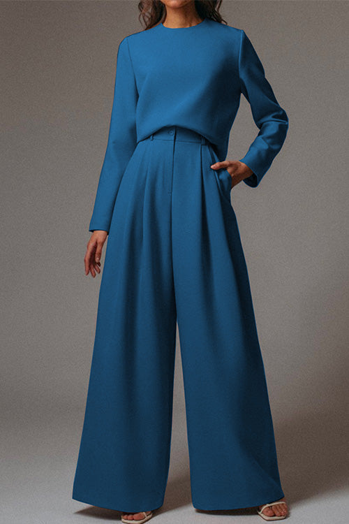 Crewneck Long Sleeve Pullover and Wide Leg Pants Solid Set