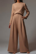Crewneck Long Sleeve Pullover and Wide Leg Pants Solid Set