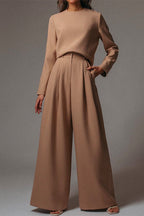 Crewneck Long Sleeve Pullover and Wide Leg Pants Solid Set