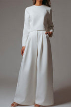 Crewneck Long Sleeve Pullover and Wide Leg Pants Solid Set