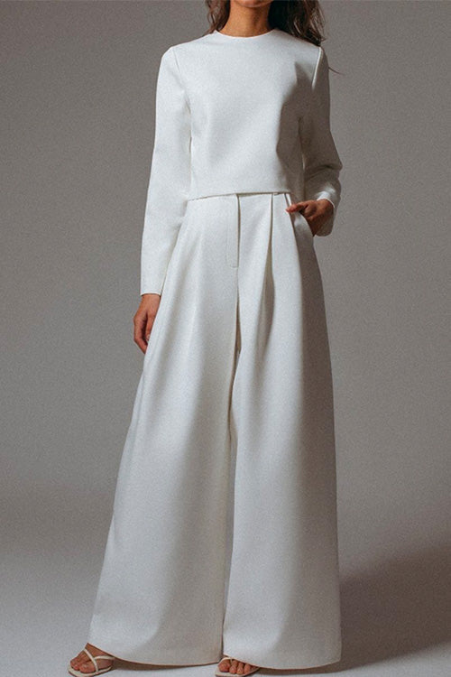 Crewneck Long Sleeve Pullover and Wide Leg Pants Solid Set