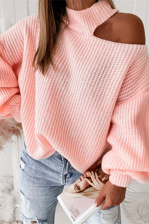 Mockneck Cold Shoulder Long Sleeve Loose Sweater