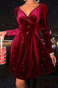 V Neck High Waist Velvet Swing Dress