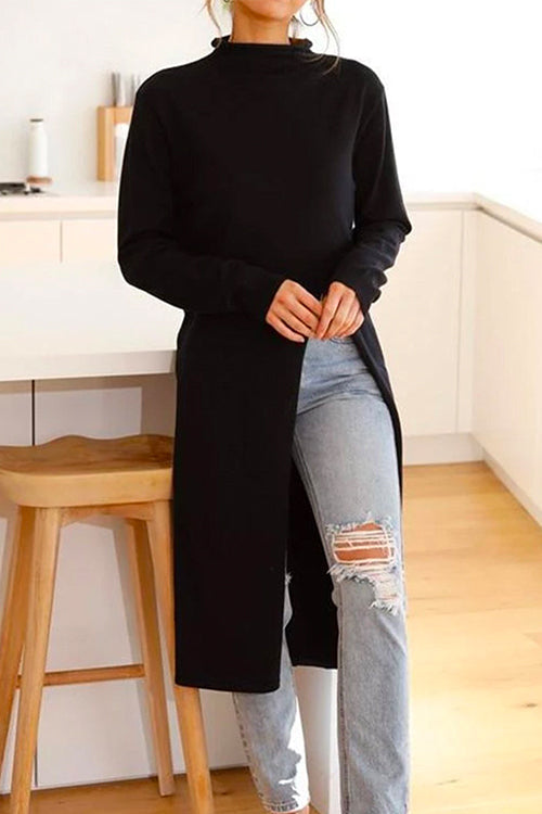 Solid Turtleneck Long Sleeve High Split Dresses