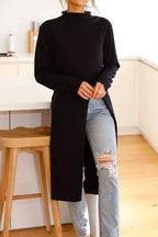 Solid Turtleneck Long Sleeve High Split Dresses