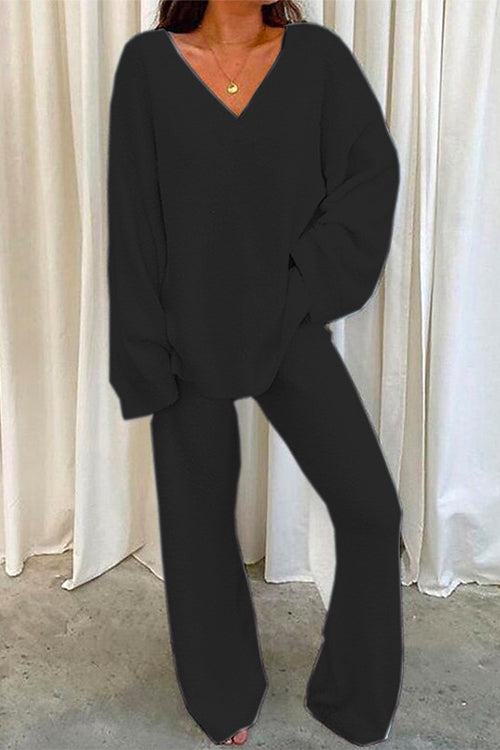 V Neck Batwing Sleeve Top and Straight Leg Pants Loungewear Set