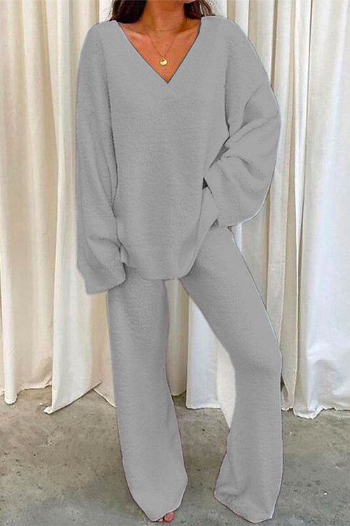 V Neck Batwing Sleeve Top and Straight Leg Pants Loungewear Set