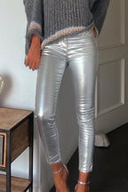 Slim Fit Faux Leather Leggings Pants with Pockets