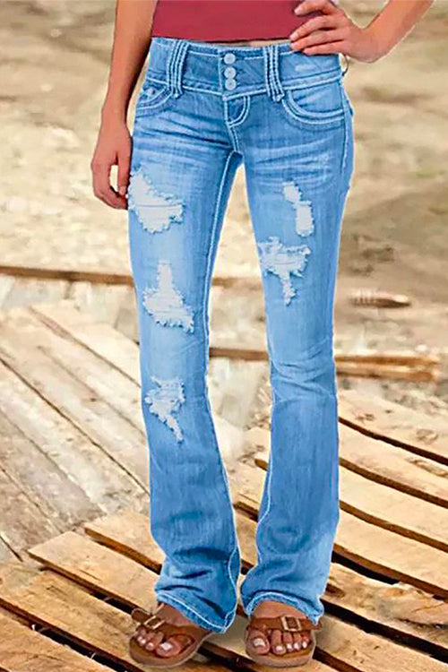 Button Down Distressed Ripped Jeans with Pockets