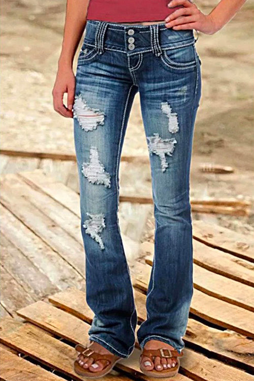 Button Down Distressed Ripped Jeans with Pockets
